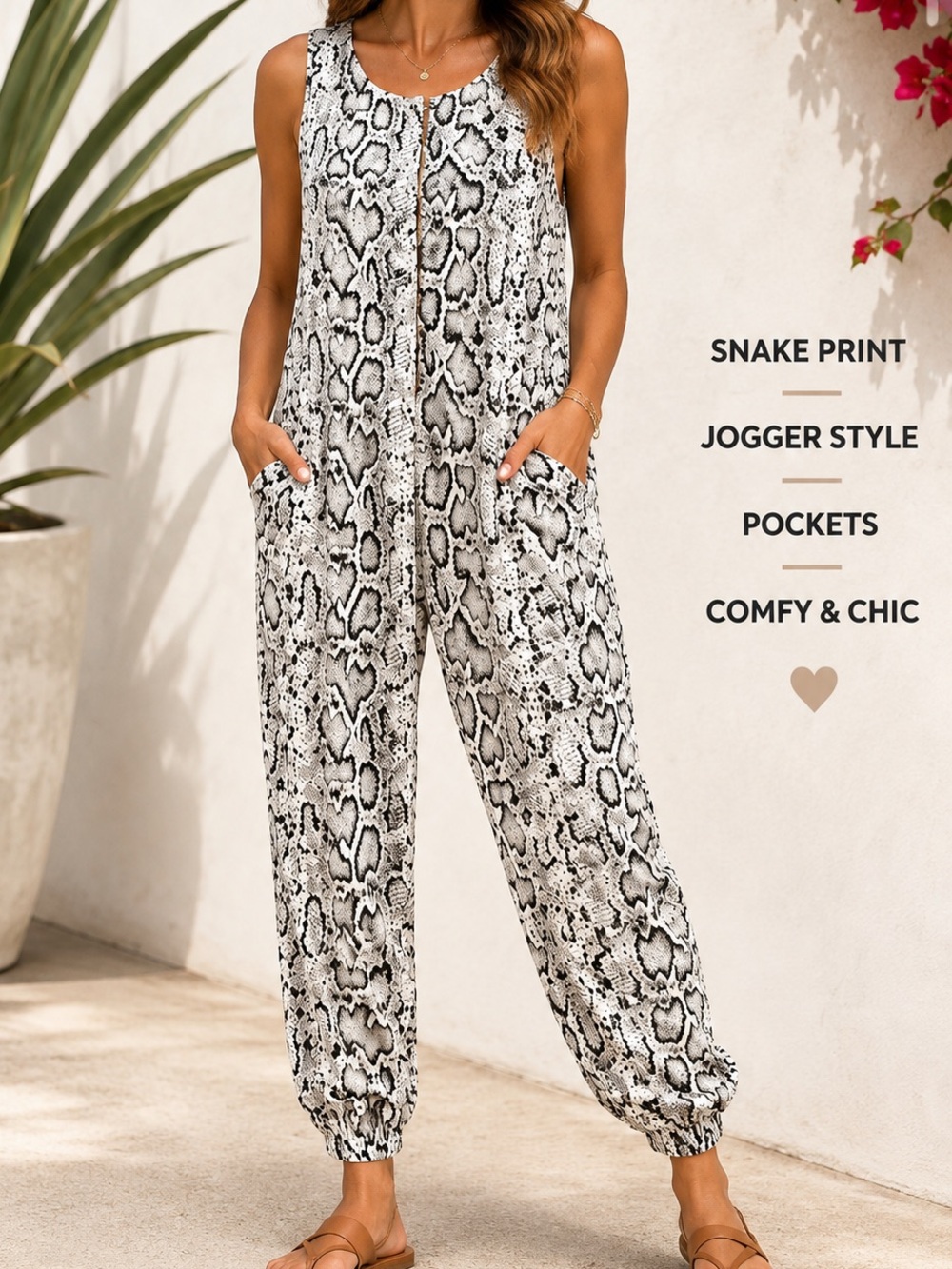 Hayden LA Snake Print Jogger Jumpsuit Sleeveless Pockets M